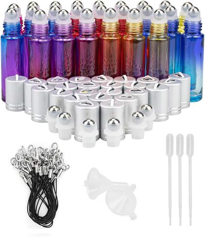 Foraineam 24 Pack 10ml Gradient Color Glass Essential Oil Bottles with Stainless Steel Roller Ball and Silver Hanging Lid in Saudi Arabia