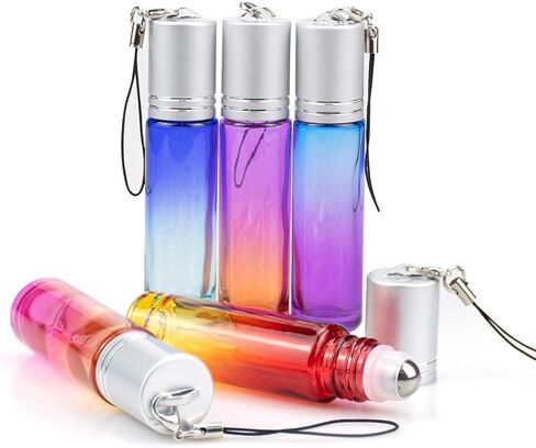 Foraineam 24 Pack 10ml Gradient Color Glass Essential Oil Bottles with Stainless Steel Roller Ball and Silver Hanging Lid in Saudi Arabia