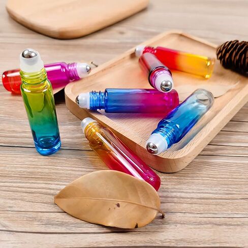 Foraineam 24 Pack 10ml Gradient Color Glass Essential Oil Bottles with Stainless Steel Roller Ball and Silver Hanging Lid in Saudi Arabia