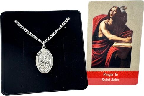Westmon Works St John Pewter Medal Set Medallion on Stainless Steel Chain Boxed with Laminated Holy Card in Saudi Arabia