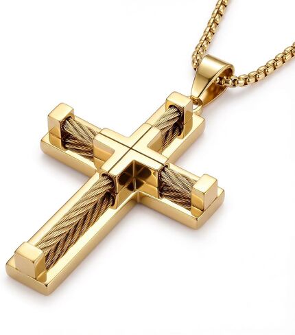sailimue Cross Necklace for Men Stainless Steel Cross Pendant Necklace Silver Black 14K Gold Plated Unique Square Rolo Chain Crucifix Necklaces Religious Christian Jewelry Gifts for Men 22 24 Inches in Kuwait