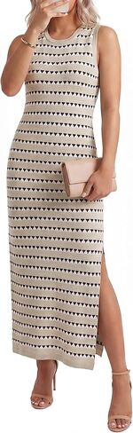 OUGES Women's 2024 Summer Knit Sweater Dress Sleeveless Midi Sundress Side Slit Striped Bodycon Crewneck Tank Wedding Guest Fall Dress(Apricot Pink Striped,XL) in Kuwait