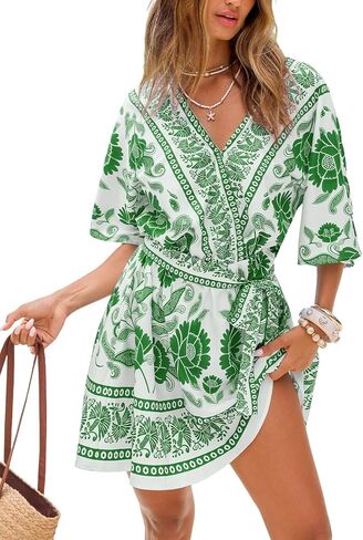 CUPSHE Womens Summer Mini Dresses Short Sleeve Boho Floral Beach Vacation Sundress V Neck Tie Waist Casual A Line Dress in Kuwait