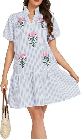 Embroidered Dress for Women Floral Boho Mini Dress Puff Sleeve V Neck Babydoll Dress in Saudi Arabia