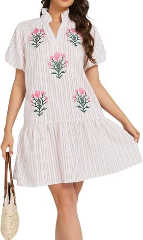 Embroidered Dress for Women Floral Boho Mini Dress Puff Sleeve V Neck Babydoll Dress in Saudi Arabia