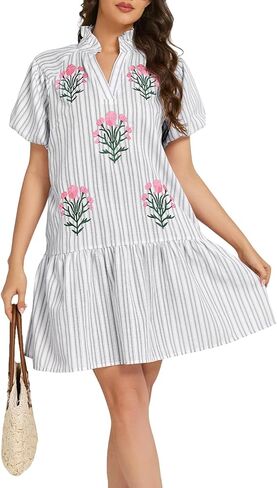 Embroidered Dress for Women Floral Boho Mini Dress Puff Sleeve V Neck Babydoll Dress in Saudi Arabia