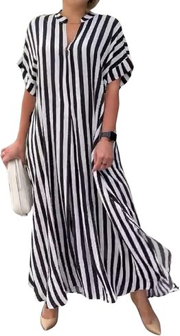 chouyatou Women's Casual Short Sleeve V Neck Striped Dresses Loose Maxi Shirt Dress with Side Slit in Saudi Arabia