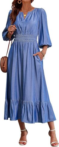 Eddoyee Women's Casual Maxi Dress with Pockets V Neck Midi Dresses Elbow Sleeve Elastic Waist Tiered Summer Outfits 2026 in Saudi Arabia