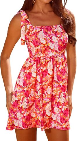 فستان YUNDAI نسائي قصير برباط على شكل زهور ورقبة مربعة للصيف كاجوال in Kuwait