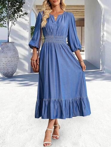 Eddoyee Women's Casual Maxi Dress with Pockets V Neck Midi Dresses Elbow Sleeve Elastic Waist Tiered Summer Outfits 2026 in Saudi Arabia