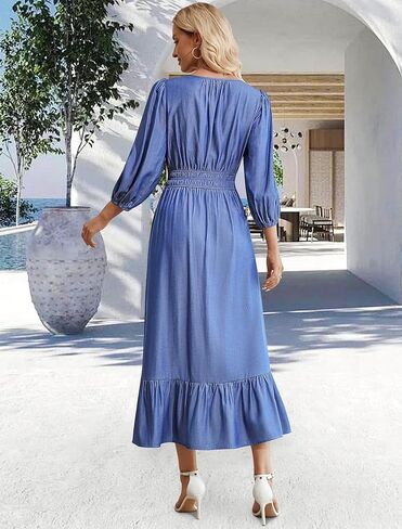 Eddoyee Women's Casual Maxi Dress with Pockets V Neck Midi Dresses Elbow Sleeve Elastic Waist Tiered Summer Outfits 2026 in Saudi Arabia