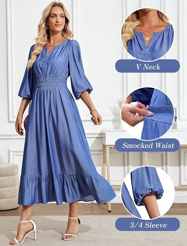 Eddoyee Women's Casual Maxi Dress with Pockets V Neck Midi Dresses Elbow Sleeve Elastic Waist Tiered Summer Outfits 2026 in Saudi Arabia