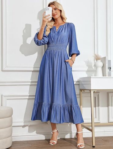 Eddoyee Women's Casual Maxi Dress with Pockets V Neck Midi Dresses Elbow Sleeve Elastic Waist Tiered Summer Outfits 2026 in Saudi Arabia