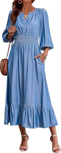 Eddoyee Women's Casual Maxi Dress with Pockets V Neck Midi Dresses Elbow Sleeve Elastic Waist Tiered Summer Outfits 2026 in Kuwait
