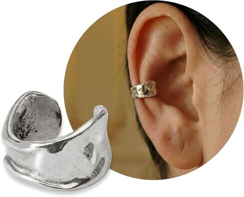 925 Sterling Silver Single Wide A-Symmetrical Curved Band Ear Cuff for Non-Pierced Ear - Small Dainty Pierceless Clip Earring, Ear Wrap, Cartilage for Women | Handmade by MiYa Jewelry Creations in Kuwait