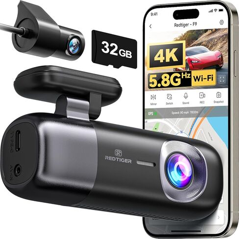 Redtiger 4K Dash Cam Pront ، ADAS ، WiFi GPS المدمج ، كاميرا داش مخفية صغيرة للسيارات مع مستشعر G ، شاشة وقوف السيارات على مدار 24 ساعة ، بطاقة ذاكرة مجانية 32 جيجابايت ، التحكم في التطبيق ، تسجيل الحلقة ، الرؤية الليلية (F9 Lite) in Kuwait