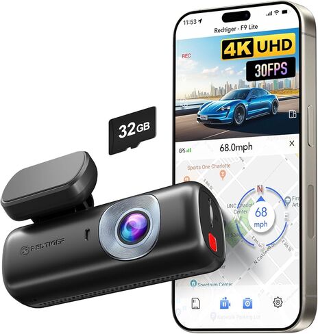 REDTIGER 4K Dash Cam Front, ADAS, Built-in WiFi GPS, Mini Hidden Dash Camera for Cars with G Sensor, 24H Parking Monitor, Free 32GB Memory Card, APP Control, Loop Recording, Night Vision (F9 Lite) in Kuwait