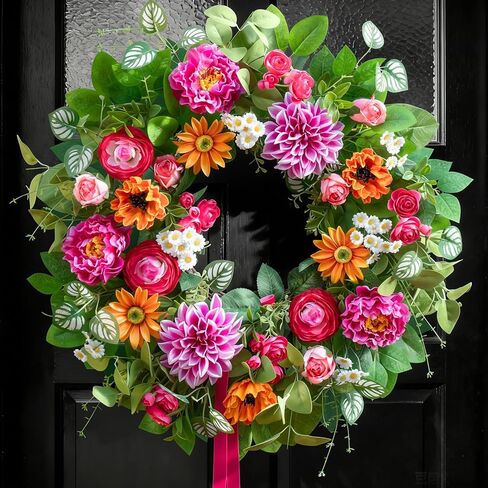 اكاليل الربيع للباب الأمامي 24 بوصة مع الداليا والفاوانيا وأكاليل الصيف ديزي للباب الأمامي خارج الربيع والصيف إكليل الباب للمدخل والشرفة وديكور المنزل إكليل الصيف في الهواء الطلق in Kuwait