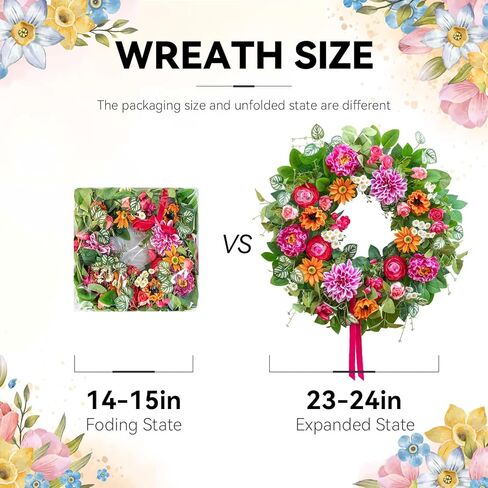 اكاليل الربيع للباب الأمامي 24 بوصة مع الداليا والفاوانيا وأكاليل الصيف ديزي للباب الأمامي خارج الربيع والصيف إكليل الباب للمدخل والشرفة وديكور المنزل إكليل الصيف في الهواء الطلق in Kuwait