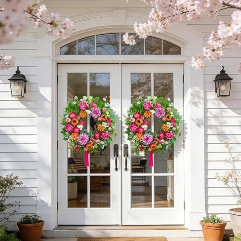 اكاليل الربيع للباب الأمامي 24 بوصة مع الداليا والفاوانيا وأكاليل الصيف ديزي للباب الأمامي خارج الربيع والصيف إكليل الباب للمدخل والشرفة وديكور المنزل إكليل الصيف في الهواء الطلق in Kuwait
