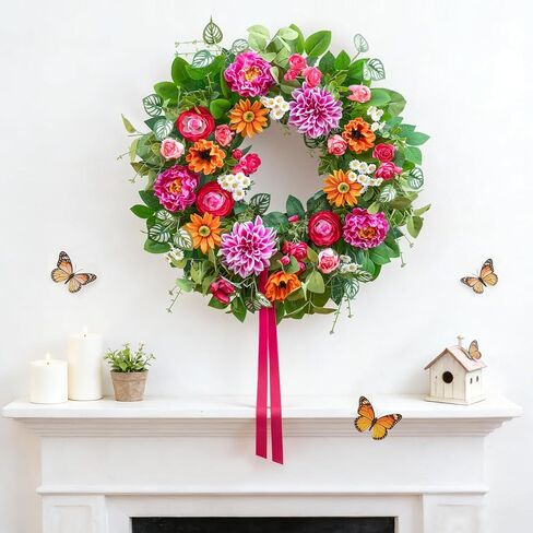 اكاليل الربيع للباب الأمامي 24 بوصة مع الداليا والفاوانيا وأكاليل الصيف ديزي للباب الأمامي خارج الربيع والصيف إكليل الباب للمدخل والشرفة وديكور المنزل إكليل الصيف في الهواء الطلق in Kuwait