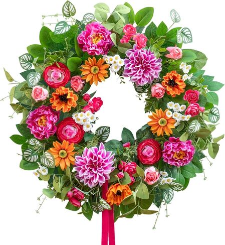 اكاليل الربيع للباب الأمامي 24 بوصة مع الداليا والفاوانيا وأكاليل الصيف ديزي للباب الأمامي خارج الربيع والصيف إكليل الباب للمدخل والشرفة وديكور المنزل إكليل الصيف في الهواء الطلق in Kuwait