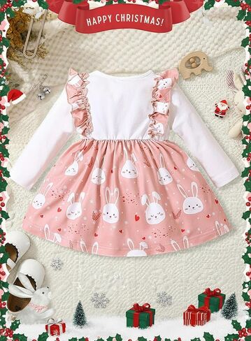Pink Bunny Dress for Baby Girl - Newborn Ruffle Skirt Bow Long Sleeve Outfits Spring Birthday Easter Rabbit Clothes in Kuwait