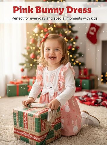 Pink Bunny Dress for Baby Girl - Newborn Ruffle Skirt Bow Long Sleeve Outfits Spring Birthday Easter Rabbit Clothes in Kuwait