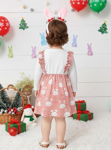 Pink Bunny Dress for Baby Girl - Newborn Ruffle Skirt Bow Long Sleeve Outfits Spring Birthday Easter Rabbit Clothes in Kuwait