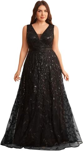 Women's Plus Size Sequin Mesh A-Line V Neck Maxi Prom Dress SleevelessFormal Evening Gowns in Kuwait