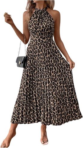 Floerns Women's Cheetah Print Halter Dress Sleeveless Leopard Pleated A Line Maxi Dresses in Saudi Arabia