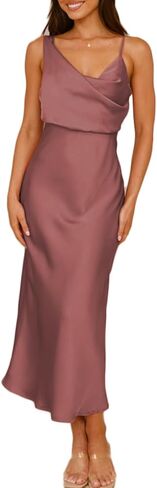 Summer Satin Cowl Neck Midi Dress for Women 2026 Elegant Formal Silk Spaghetti Strap Backless Wedding Guest Dresses in Saudi Arabia