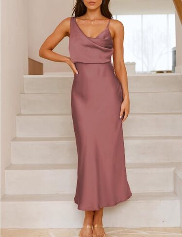 Summer Satin Cowl Neck Midi Dress for Women 2026 Elegant Formal Silk Spaghetti Strap Backless Wedding Guest Dresses in Saudi Arabia