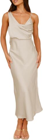Summer Satin Cowl Neck Midi Dress for Women 2026 Elegant Formal Silk Spaghetti Strap Backless Wedding Guest Dresses in Saudi Arabia