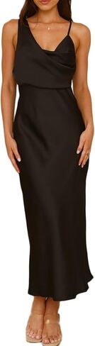 Summer Satin Cowl Neck Midi Dress for Women 2026 Elegant Formal Silk Spaghetti Strap Backless Wedding Guest Dresses in Saudi Arabia