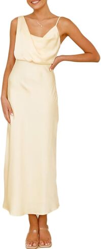 Summer Satin Cowl Neck Midi Dress for Women 2026 Elegant Formal Silk Spaghetti Strap Backless Wedding Guest Dresses in Saudi Arabia