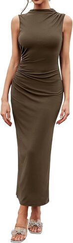 Bluetime Women's Ruched Bodycon Maxi Dresses Sleeveless Slim Fit Summer Dress Elegant Cocktail Slit Wedding Guest Dress in Kuwait