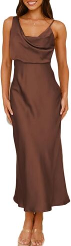 Summer Satin Cowl Neck Midi Dress for Women 2026 Elegant Formal Silk Spaghetti Strap Backless Wedding Guest Dresses in Saudi Arabia