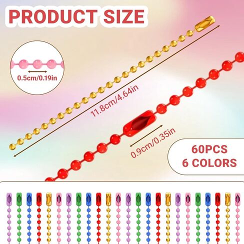 60 Pcs Ball Bead Chain, 4.72 Inch Dog Tag Chain, Stainless Steel Ball Chain Keychain and Connector Clasp, Mulit Color Ball Bead Chain Bulk for Jewelry Making Key Rings Crafts DIY Hanging Decoration in Kuwait
