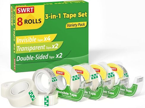 شريط SWRT لتغليف الهدايا، 8 لفات مع موزعات، يتضمن شريطًا غير مرئي، وشريطًا مزدوج الجوانب وشريطًا شفافًا، وشريط تغليف هدايا متنوع، للمنزل والمكتب والمدرسة والعطلات in Saudi Arabia