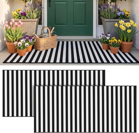 2 Pcs Black and White Striped Rug 2 x 4.3 ft Outdoor Front Door Rug Spring Decor Cotton Washable Doormat Modern and Simple Farmhouse Layering Mats for Front Porch Home Entryway Decor in Saudi Arabia