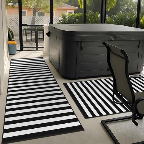 2 Pcs Black and White Striped Rug 2 x 4.3 ft Outdoor Front Door Rug Spring Decor Cotton Washable Doormat Modern and Simple Farmhouse Layering Mats for Front Porch Home Entryway Decor in Saudi Arabia