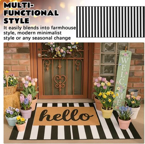 2 Pcs Black and White Striped Rug 2 x 4.3 ft Outdoor Front Door Rug Spring Decor Cotton Washable Doormat Modern and Simple Farmhouse Layering Mats for Front Porch Home Entryway Decor in Saudi Arabia