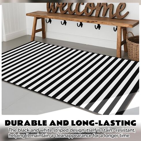 2 Pcs Black and White Striped Rug 2 x 4.3 ft Outdoor Front Door Rug Spring Decor Cotton Washable Doormat Modern and Simple Farmhouse Layering Mats for Front Porch Home Entryway Decor in Saudi Arabia