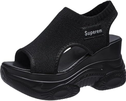 Women's Solid Color Casual Platform Sandals - Elastic Knit Soft Sole Walking Shoes with Heightening Design, Comfortable Everyday Summer Footwear in Saudi Arabia