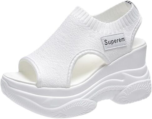 Women's Solid Color Casual Platform Sandals - Elastic Knit Soft Sole Walking Shoes with Heightening Design, Comfortable Everyday Summer Footwear in Saudi Arabia
