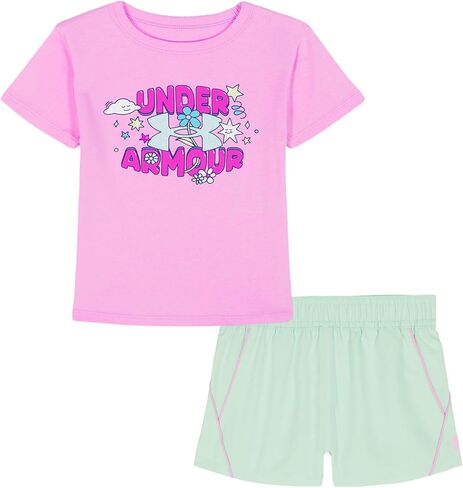 طقم تي شيرت وسروال قصير الأكمام للفتيات من Under Armour، خفيف الوزن ومريح، Pink Dawn Tech، 6 in Saudi Arabia