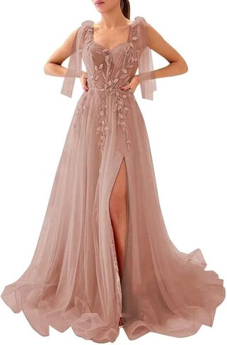 Dymaisei Appliques Tulle Prom Dresses Spaghetti Straps Formal Dresses with Slit Sweetheart Ball Gown in Kuwait