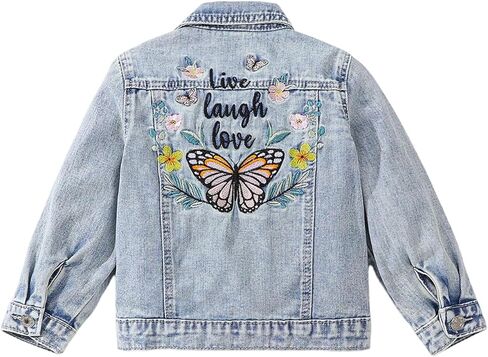 سترة بناتي لطيفة مطرزة بالزهور على شكل فراشة من قماش الدنيم بأكمام طويلة وأزرار سفلية وياقة جينز وسترات ملابس خارجية in Kuwait