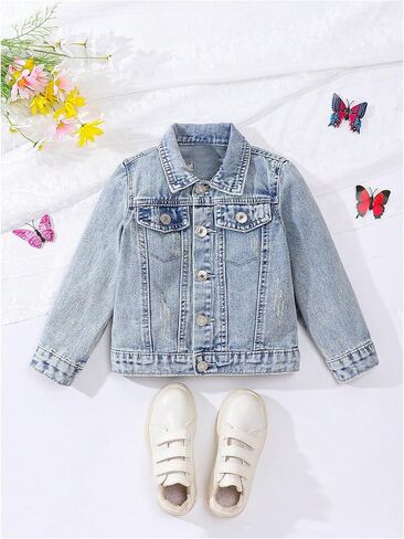 Girl's Cute Floral Butterfly Embroidery Denim Jacket Long Sleeve Button Down Collared Jeans Jackets Outerwear in Saudi Arabia